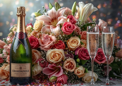 Bouquet and Champagne A4 Landscape.