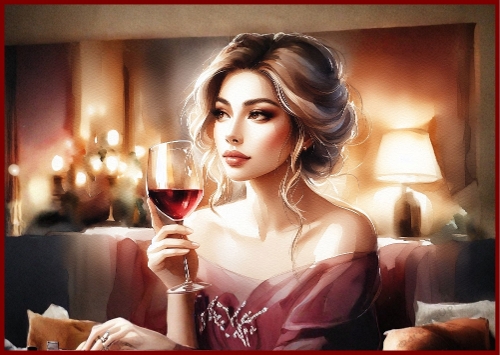 Lady Drinking Red Wine A4 Landscape.
