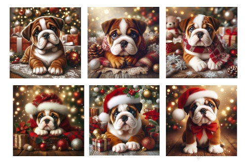 6 x Cute Christmas British Bulldog Puppy Toppers.