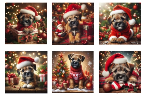 6 x Cute Christmas Border Terrier Puppy Toppers.