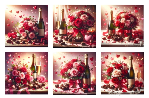 6 X Valentines Bouquets with Chocolates and Champagne Toppers. 