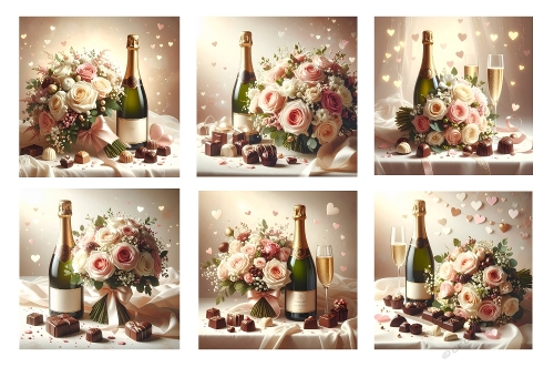 6 X Wedding Bouquets with Chocolates and Champagne Toppers. 