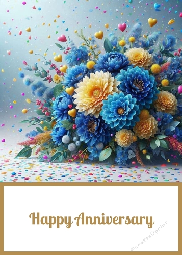 Anniversary Blue and Yellow Floral Bouquet 5 X 7 Card Front.