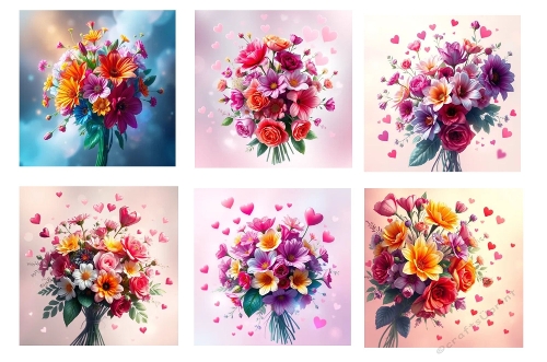 6 X Flower Valentines Bouqets  5 X 5