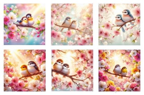 6 x 5 X 5 Cute Birds In Spring Flowering Trees Toppers.