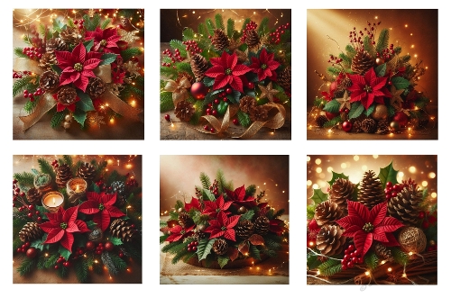 6 x 5 X 5 Poinsettias, Pinecones and Holly Toppers 
