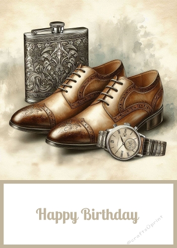 5 x 7 Birthday  Male Shoes, Watch and Hip Flask Card Front.