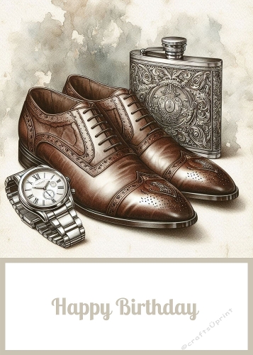 5 x 7 Birthday  Male Shoes, Watch and Hip Flask Card Front.