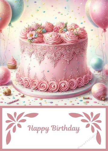 5 X 7 Pink Birthday Cake Theme Card Front.