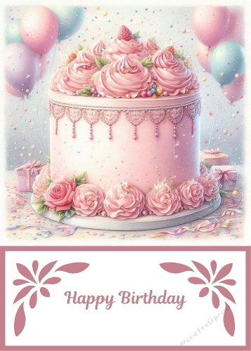 5 X 7 Pink Birthday Cake Theme Card Front.