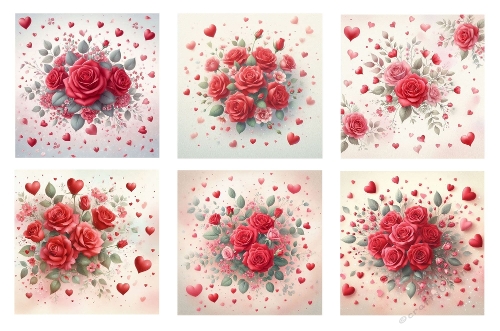 6 X 5 X 5 Red Roses And Love Hearts Background Toppers