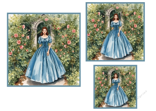 A beautiful lady dressed in blue in a rose garden Toppers.