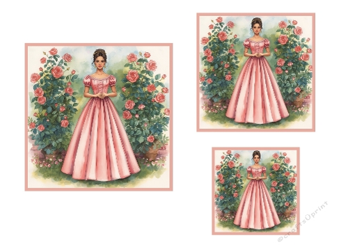 A beautiful lady dressed in pink in a rose garden Toppers.