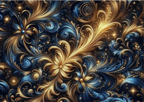 Deep Blue and Gold Fantasy Swirls Background A4 Landscape.