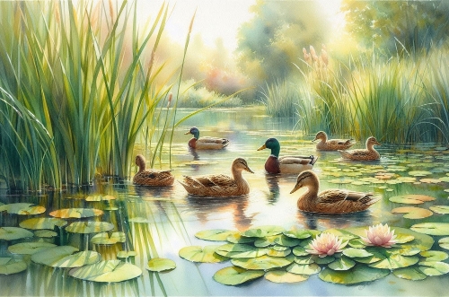 Beautiful Ducks watercolour A4 landscape.