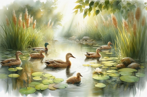 Beautiful Ducks watercolour A4 landscape.