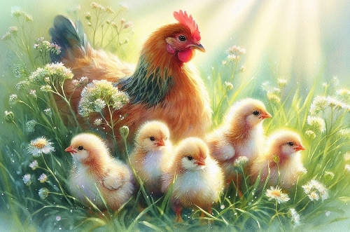 Beautiful Hen With Chicks watercolour A4 landscape.
