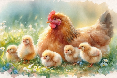 Beautiful Hen With Chicks watercolour A4 landscape.