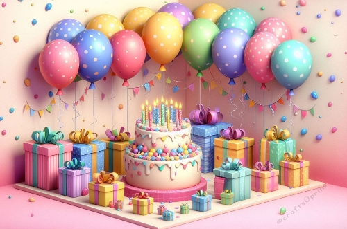 Birthday Cake With Balloons And Gifts A4 landscape.