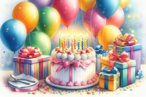 A Lovely Watercolour Birthday Cake Scene A4 Landscape.