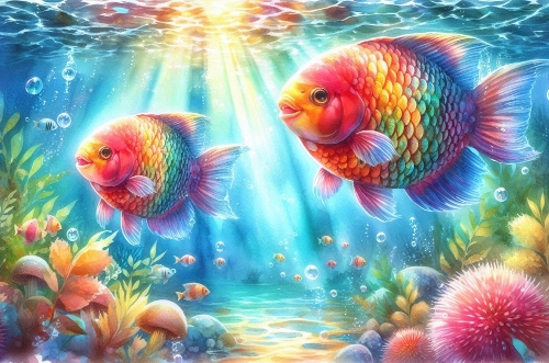 Lovely Colourful Watercolour Fish A4 Landscape.