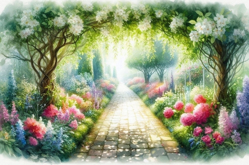 A Beautiful Watercolour Garden Pathway A4 Landscape.