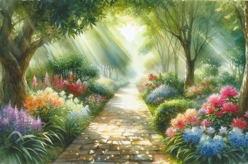 A Beautiful Watercolour Garden Pathway A4 Landscape.
