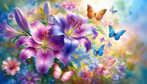 A Beautiful Watercolour Of Purple Lilies With Butterflies. A4 Landscape.