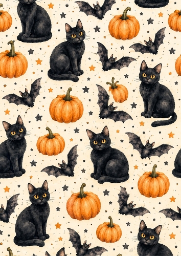 Black Cats, Bats, and Pumpkins A4 Portrait Background.