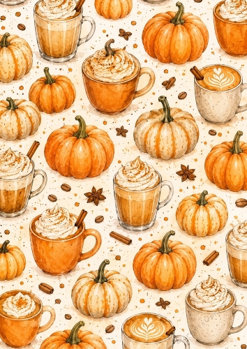 Pumpkins and Pumpkin Lattes A4 Portrait Background.