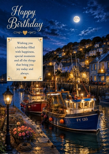 Moonlight Fishing Harbor Birthday Theme A4 Portrait Topper