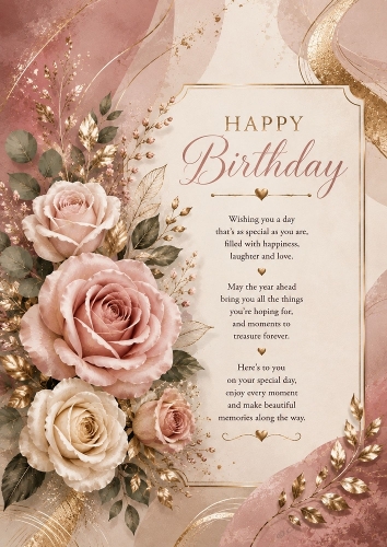 Blush And Champagne Floral Birthday Theme A4 Portrait.