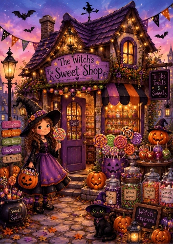 Cute Witches Sweet Shop Theme A4 Topper.