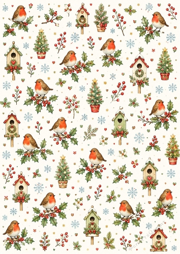 Robin Christmas Garden A4 Portrait Pattern Background