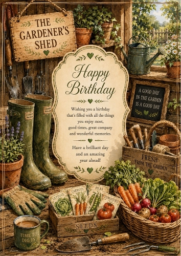 The Gardeners Shed Birthday A4 Portrait Topper.