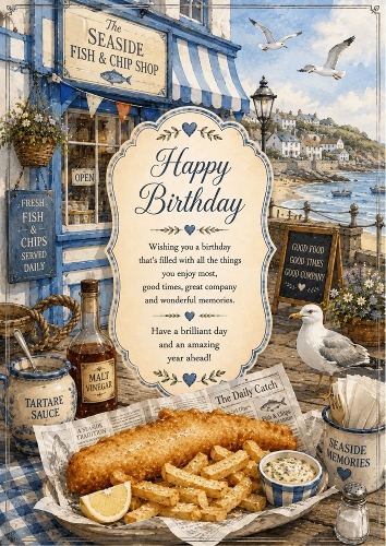The Seaside Fish And Chip Shop  Birthday A4 Portrait Topper.