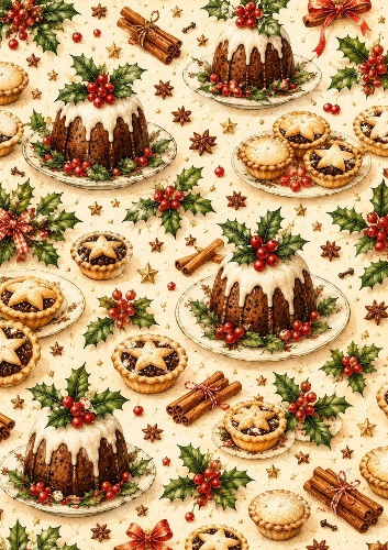 Christmas Puddings And Mince Pies A4 Portrait Seamless Pattern Background