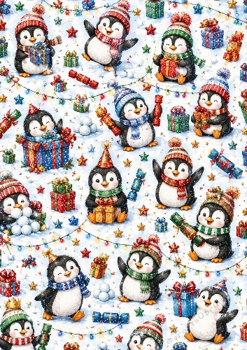 Penguins Christmas Party A4 Portrait Seamless Pattern Background