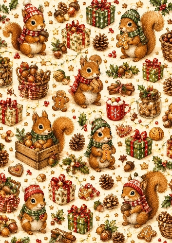 Squirrels Christmas Party A4 Portrait Seamless Pattern Background