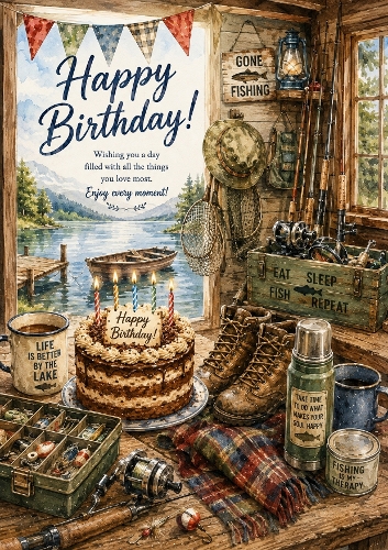 Fishing Cabin Birthday A4 Portrait Topper