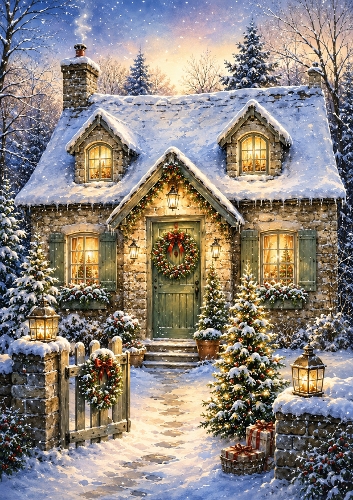 Cosy Christmas Cottage A4 portrait Topper