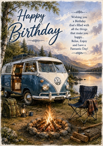 Vintage Camper Van A4 Portrait Birthday Card Topper
