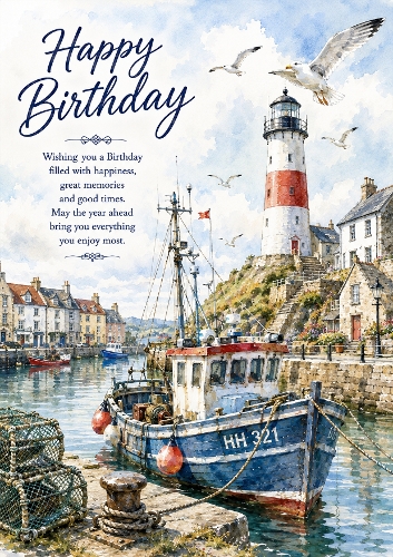 Fishing Harbor Lighthouse A4 Portrait Birthday Card Topper