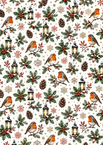 Robins, Holly And Laterns A4 Portrait Seamless Pattern Background