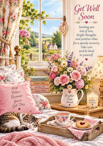 Get Well Soon – Cosy Cottage Bedroom A4 Portrait Card Topper