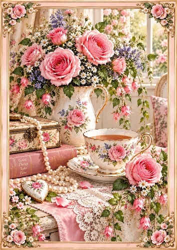 Thinking Of You – Roses, Pearls & Afternoon Tea  A4 Portrait Card Topper