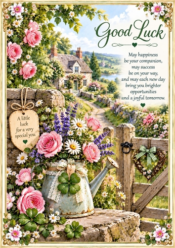 Good Luck – Country Cottage & Lucky Clover A4 Portrait Card Topper