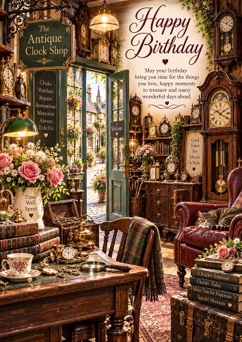 The Antique Clock Shop Birthday A4 Portrait Topper
