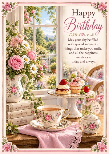 Afternoon Tea By The Window Birthday A4 Portrait Card Topper