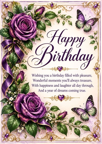 Royal Purple Roses Birthday A4 Portrait Card Topper